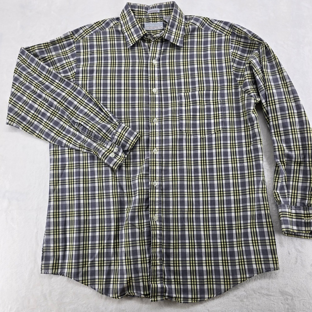 Wedgefield Button Down Mens L Shirt Grey Yellow Plaid Long Sleeve Pocket 6828